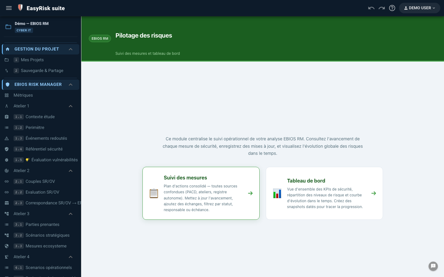 Pilotage EBIOS — tableau de bord mesures, indicateurs